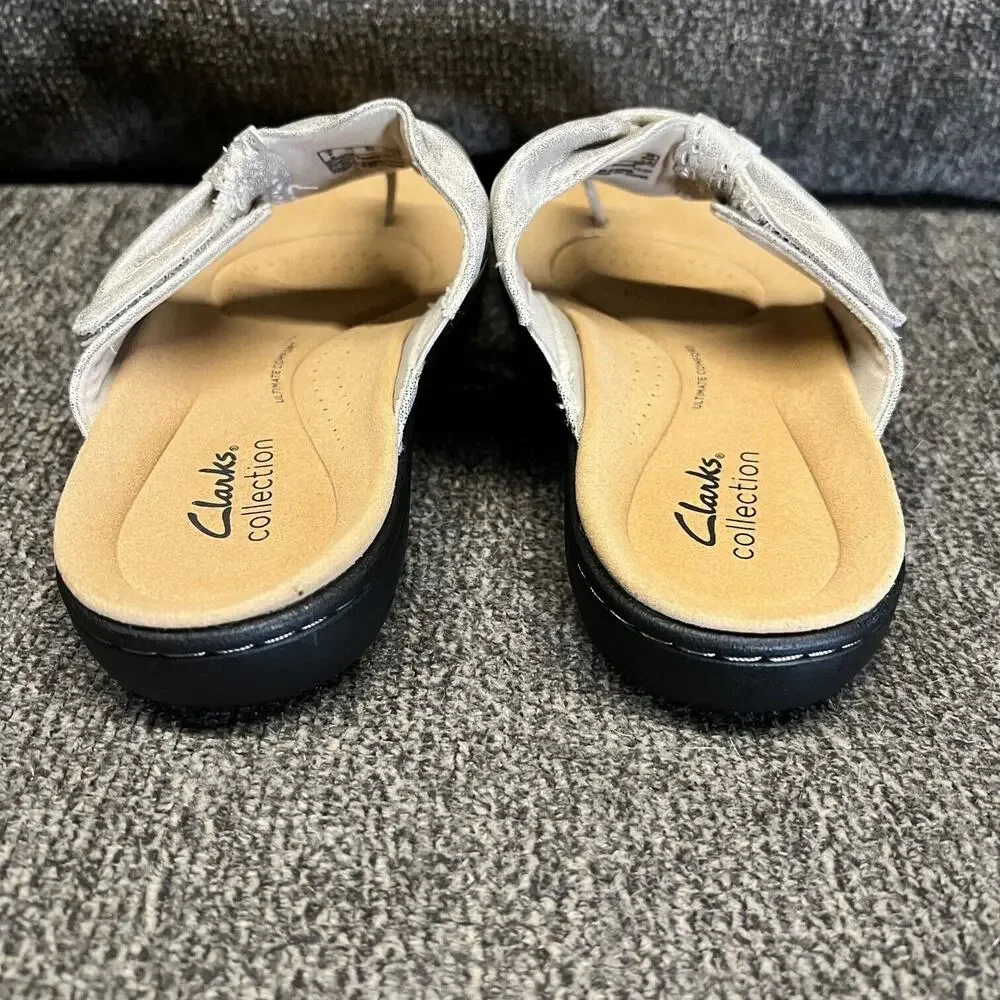 Clarks Sandal Womens 7.5 Metallic Leather Thong Flip Flop Adjustable Strap